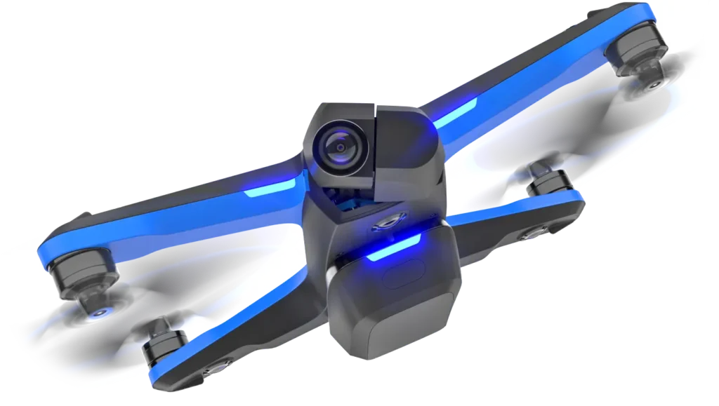 A black and blue Skydio 2 drone hovers against a light grey background.