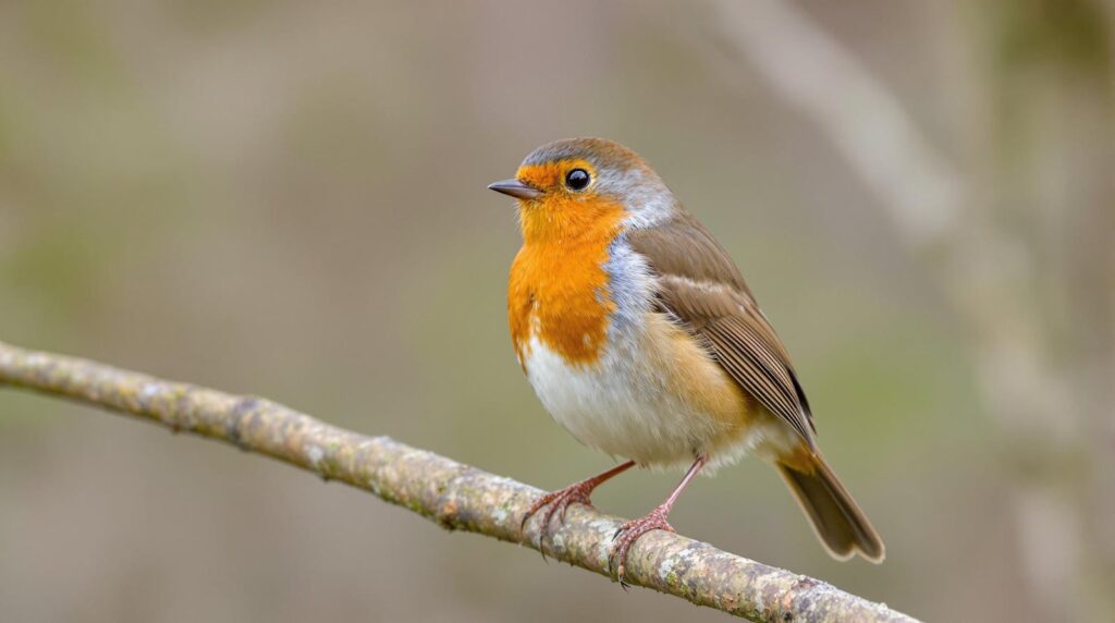 Close-up of a European robin perched on a branch in the Netherlands.
