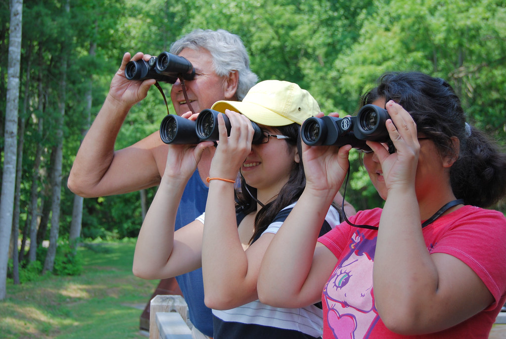 Three individuals are looking through binoculars for bird watching.