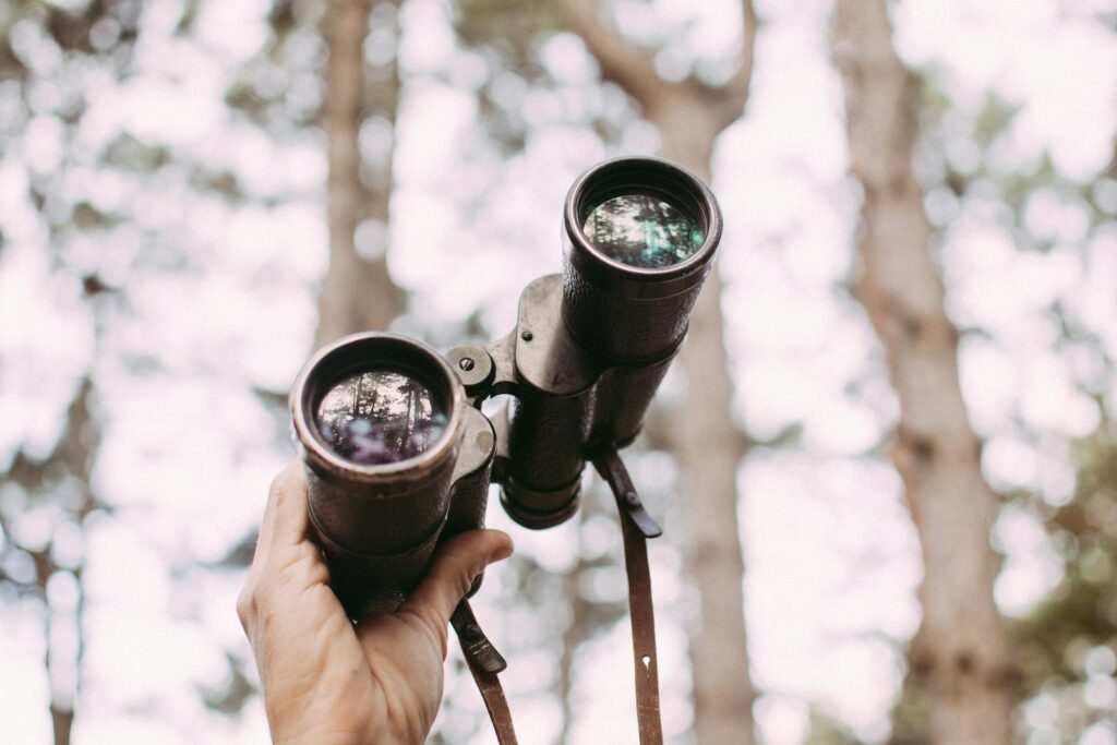 Close-up of a hand holding binoculars in a forest, captured outdoors with blurred trees.