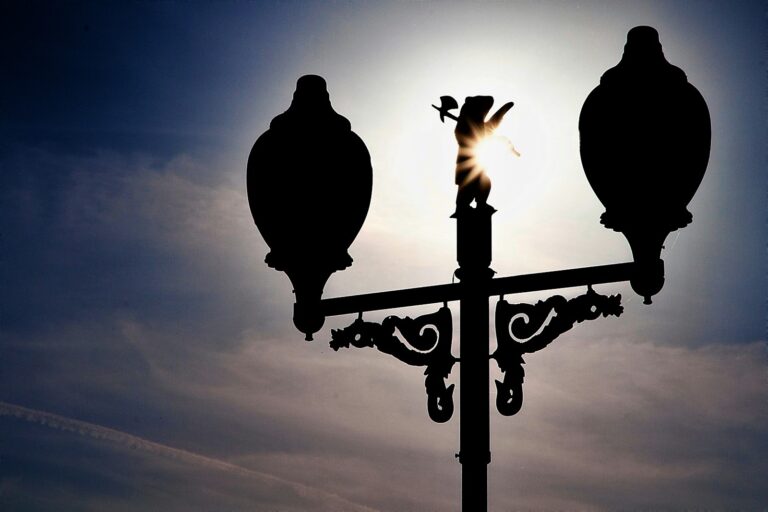 A silhouette of a streetlamp with a bear figure is backlit by a bright sky.