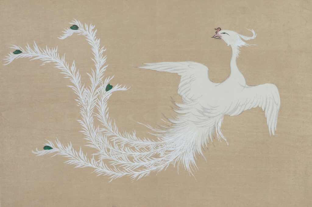 A mythical phoenix, with long, feathery tails and green accents.