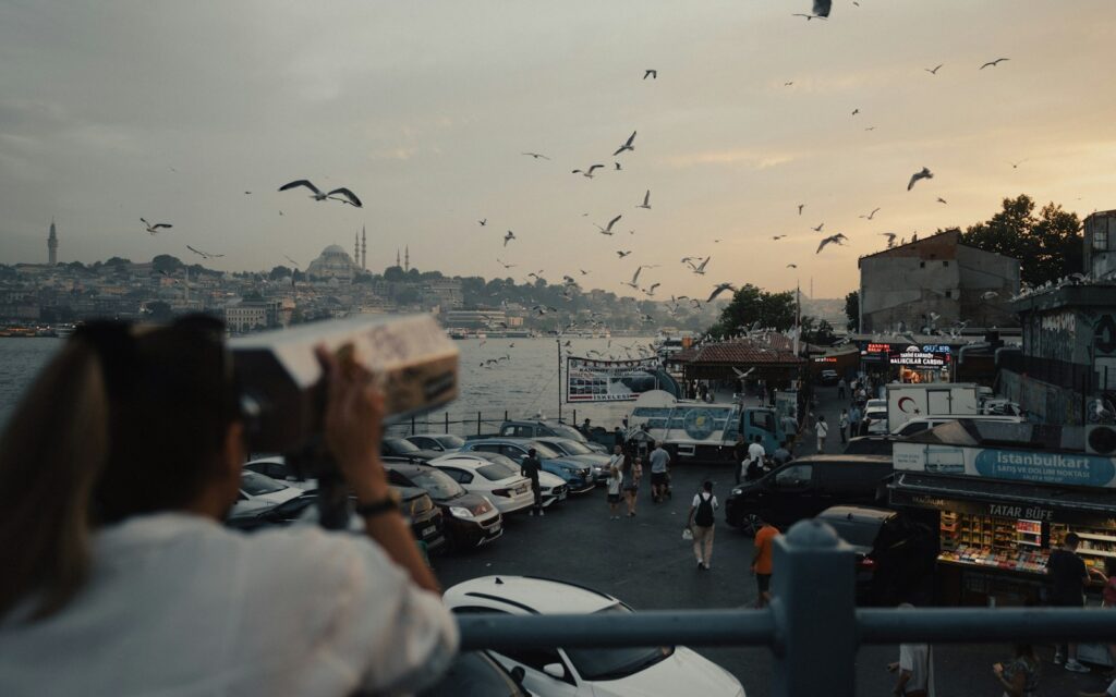 A woman is looking out over the water at seagulls.
