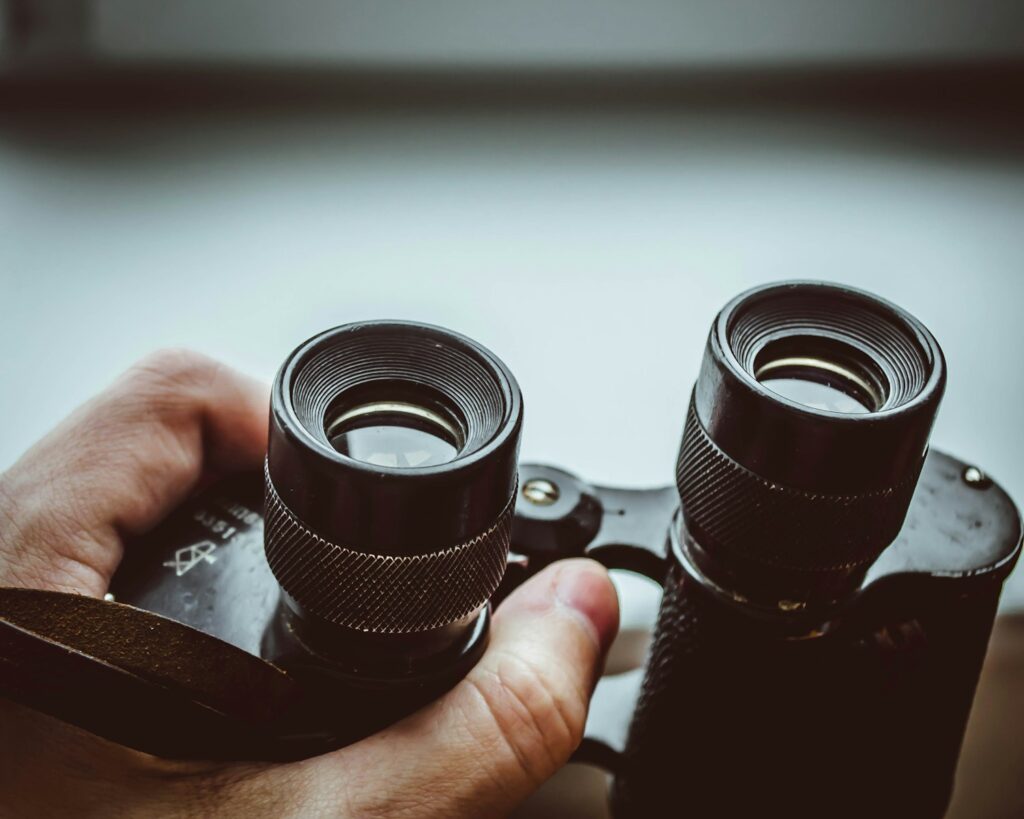 A hand holds a pair of black Nikon Monarch 7x35mm binoculars, focusing on the eyepieces.