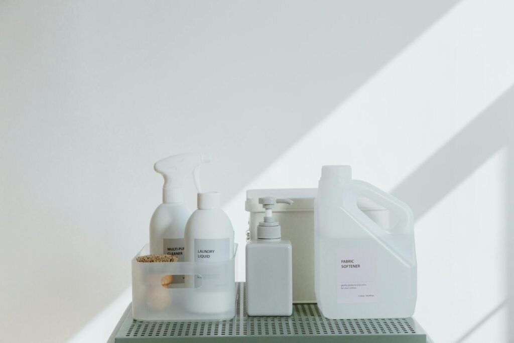 Clean and simple display of various cleaning products.
