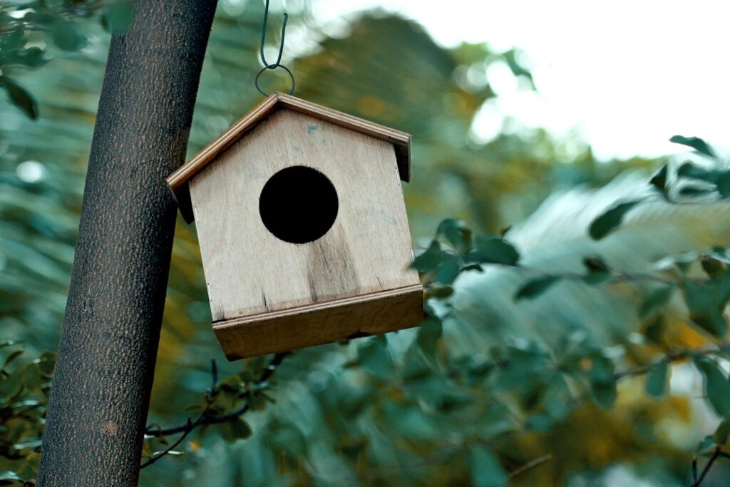 A rustic wooden birdhouse hanging from a tree branch amidst lush greenery.