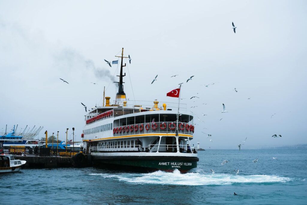 A ferry with a Turkish flag docking at Istanbul harbor surrounded by seagulls.