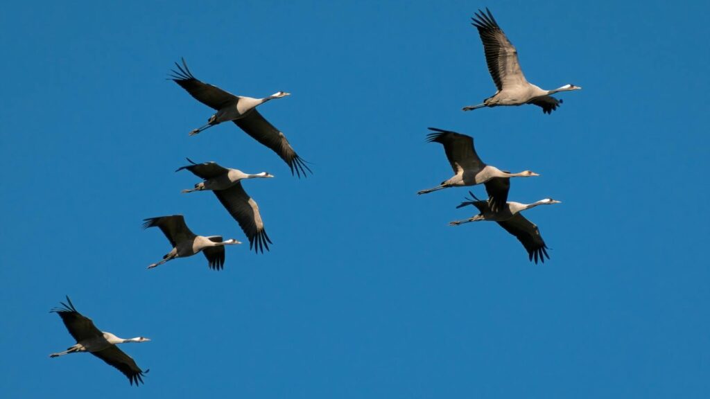 Flock of cranes flying across clear sky