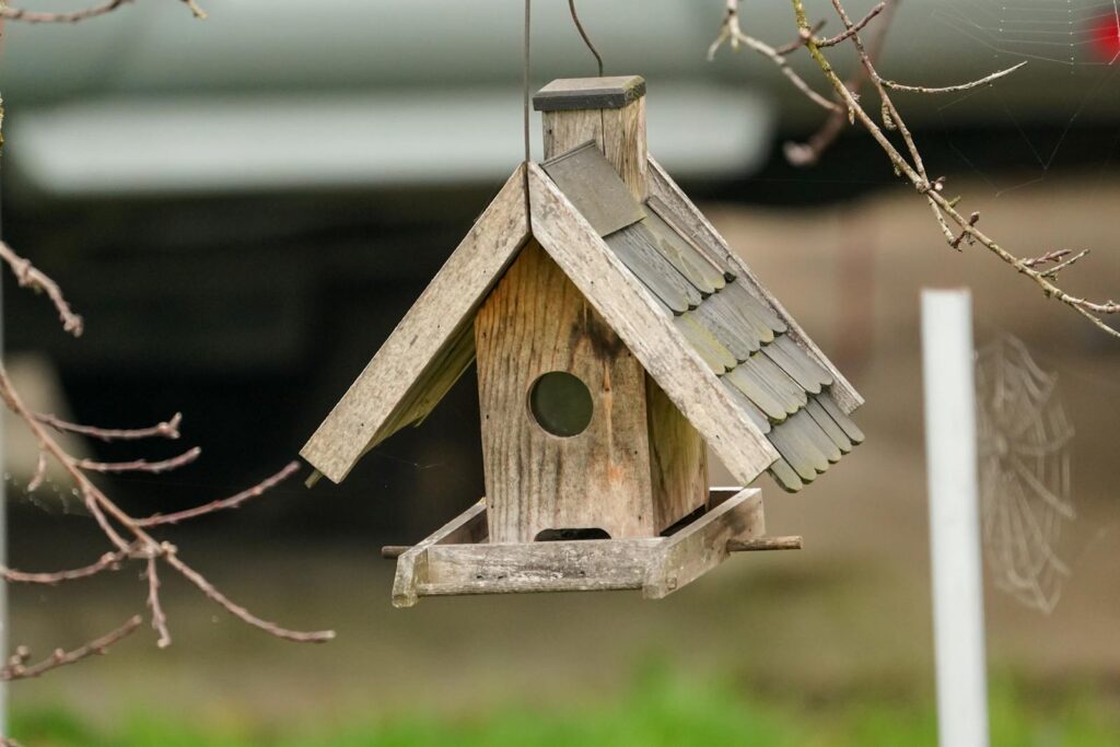 A charming rustic wooden birdhouse hanging on a branch outdoors, perfect for nature and garden themes.