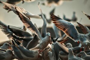 A lively scene capturing a flock of birds in flight during dusk.