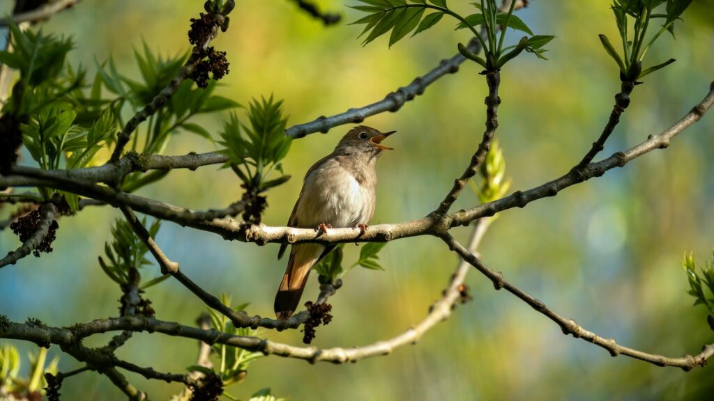 Small nightingale bird resting on thin stem surrounded by leafy greenery