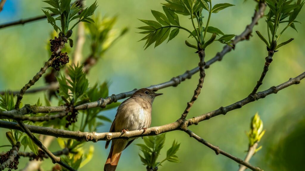 A nightingale perched on a branch amidst fresh spring foliage, symbolizing nature's tranquility.