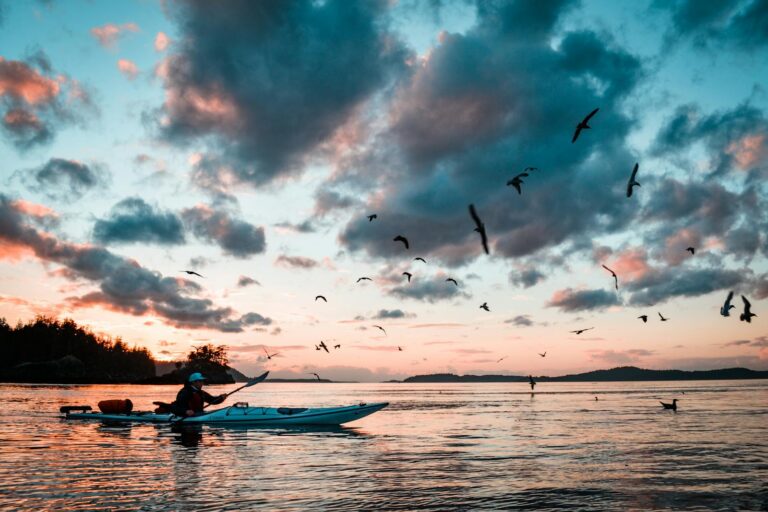 A kayaker paddles across a tranquil lake during sunset with birds flying above.
