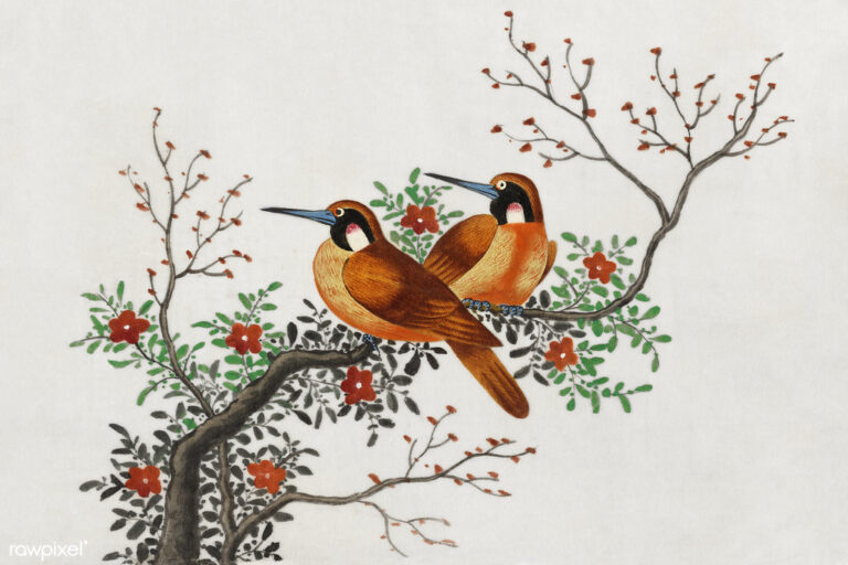 A painting of two colorful birds on a flowering branch.