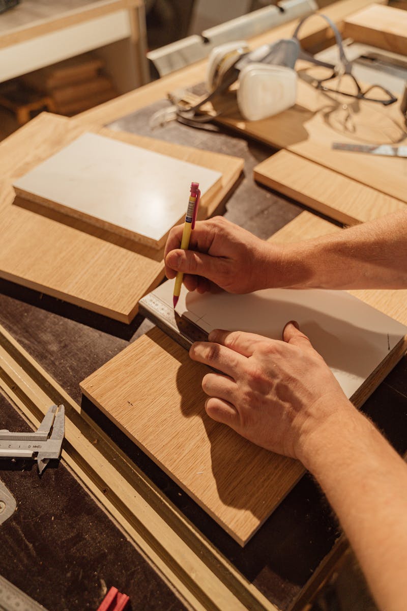 Man measuring wood pieces