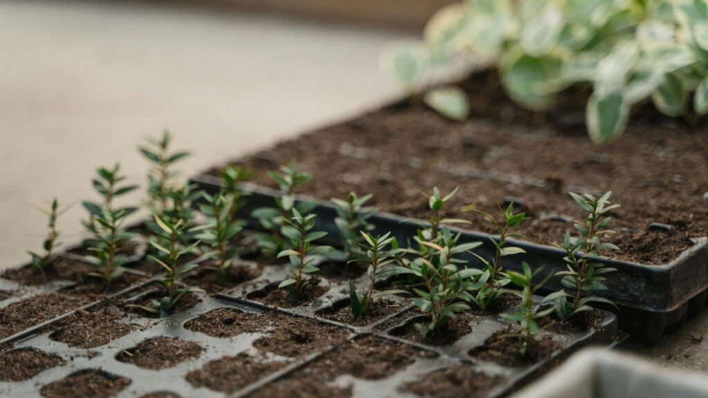 fresh green seedlings growing in soil trays for home gardening