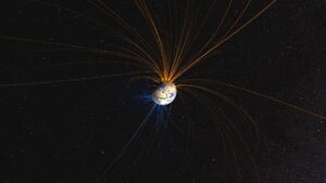Earth's magnetic field with lines extending into space.