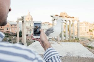 A man uses a smartphone to photograph a seagull in front of the ancient Roman Forum during a summer day.