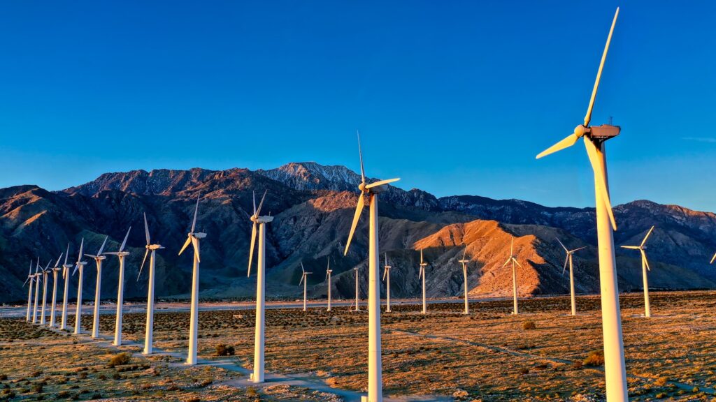 Group of wind turbines in a grassy field, with mountain range behind