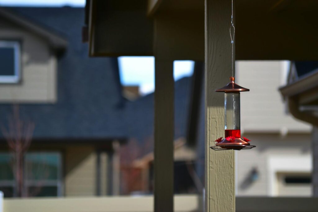 A bird feeder hanging on a patio with blurred houses in the background.