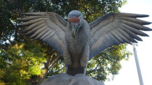 A statue of a Merriam's Teratorn with its wings spread.