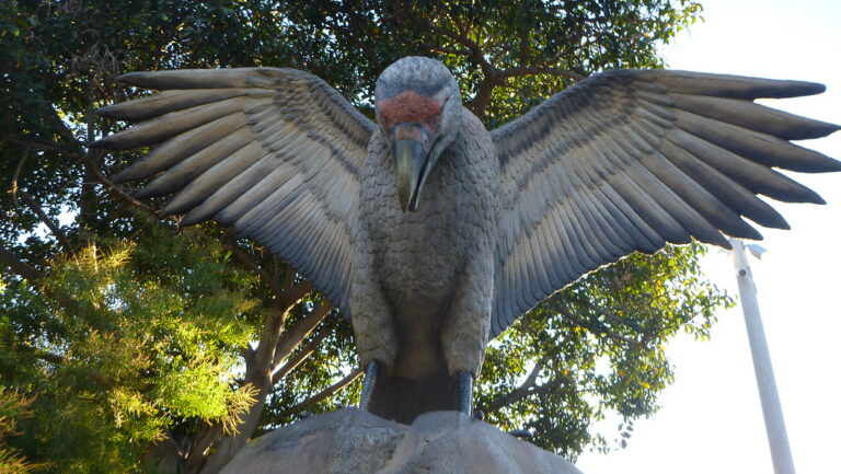 A statue of a Merriam's Teratorn with its wings spread.