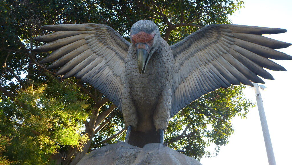A statue of a Merriam's Teratorn with its wings spread.