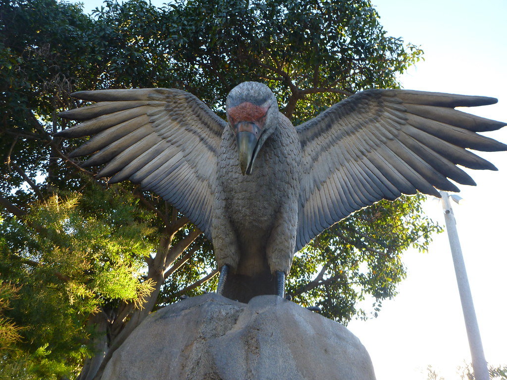A statue of a Merriam's Teratorn with its wings spread.