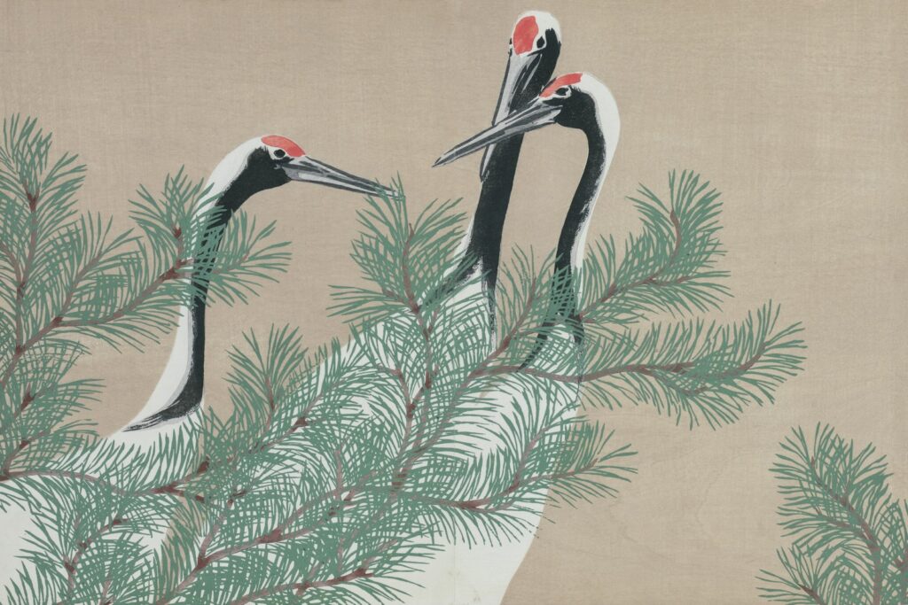 A painting of two birds in a pine tree.