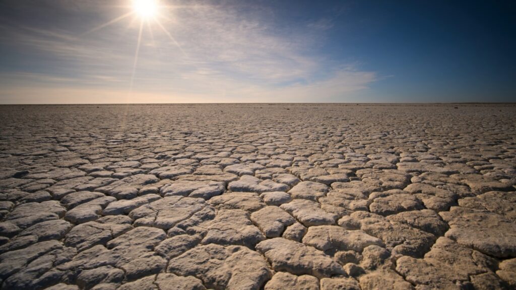 Sun shining brightly on cracked, dry ground during drought.