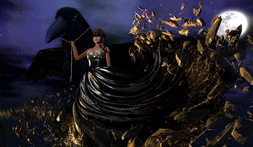 A woman in a black dress rides a black raven in a fantasy setting.
