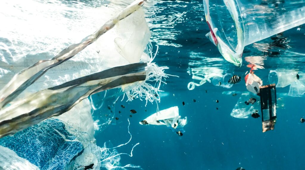 Plastic waste and garbage floating in the ocean