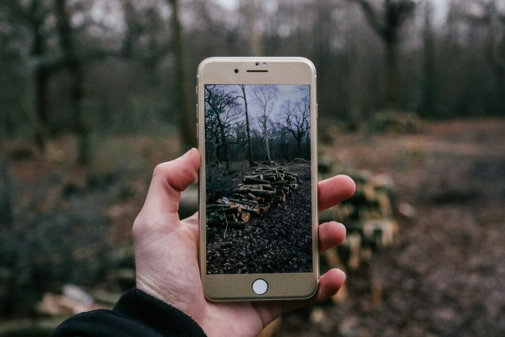A person taking a photo of firewood's using iPhone. 