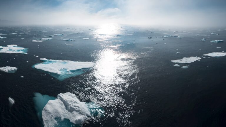 Scattered icebergs seen from above in icy blue waters