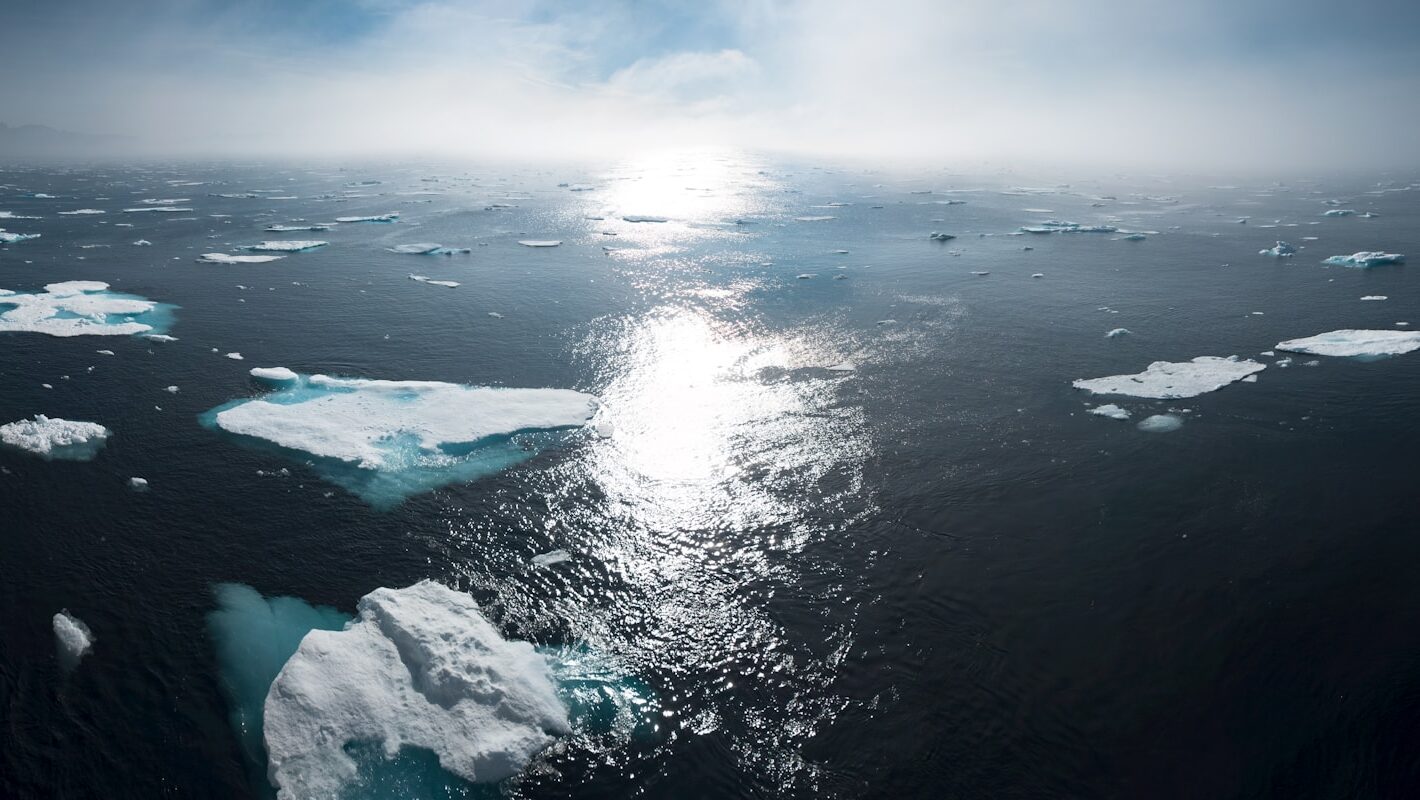 Scattered icebergs seen from above in icy blue waters
