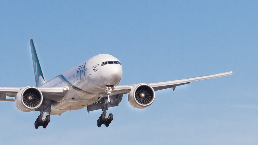 Airplane flying high in a clear blue sky