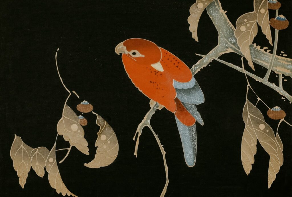 A painting of a red bird sitting on a branch.