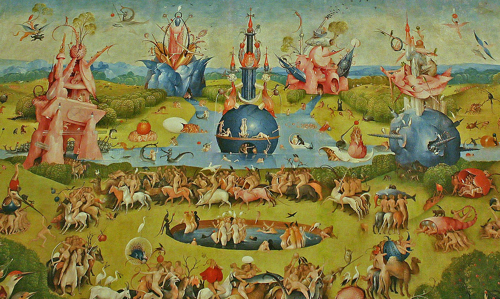 An intricate painting displays numerous nude figures, animals, and fantastical structures in a vibrant landscape.