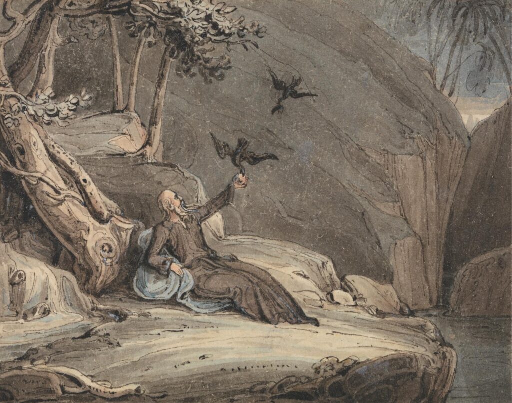 An illustration depicts an old man with a beard reaching for a raven in flight.