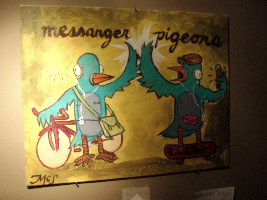 A vibrant painting shows two "messenger pigeons," one with a bike, one on a skateboard.