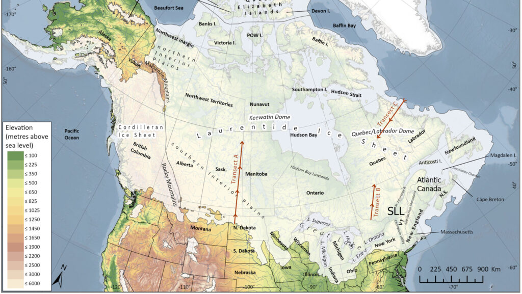 Map of Laurentide Ice Sheet extent during the Last Glacial Maximum, covering much of North America