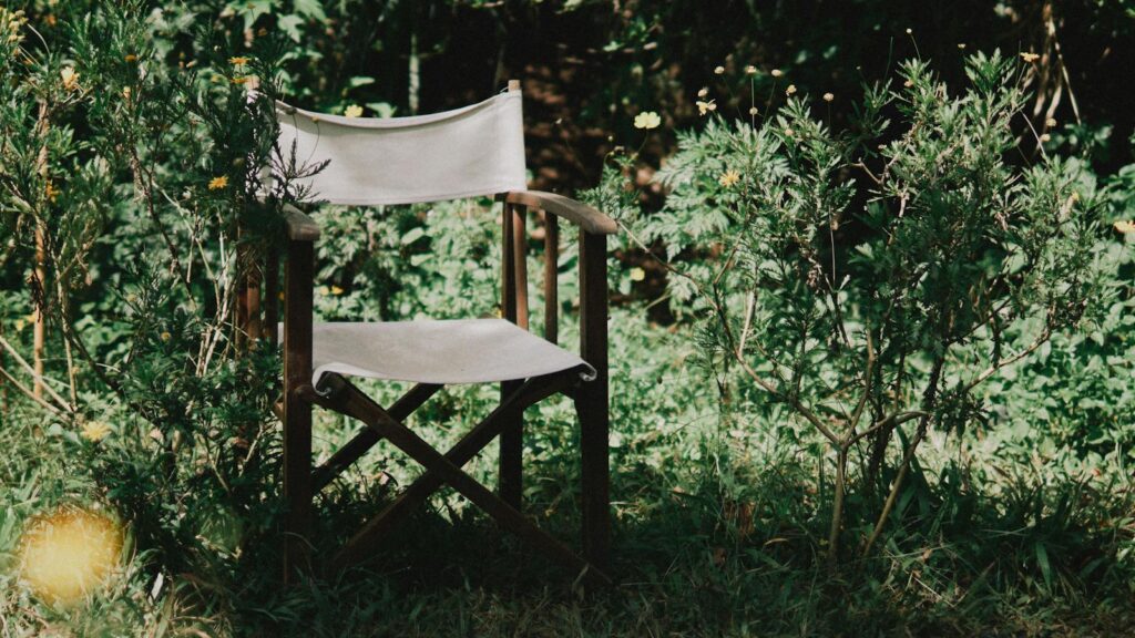 Chair placed in a peaceful garden surrounded by greenery and flowers