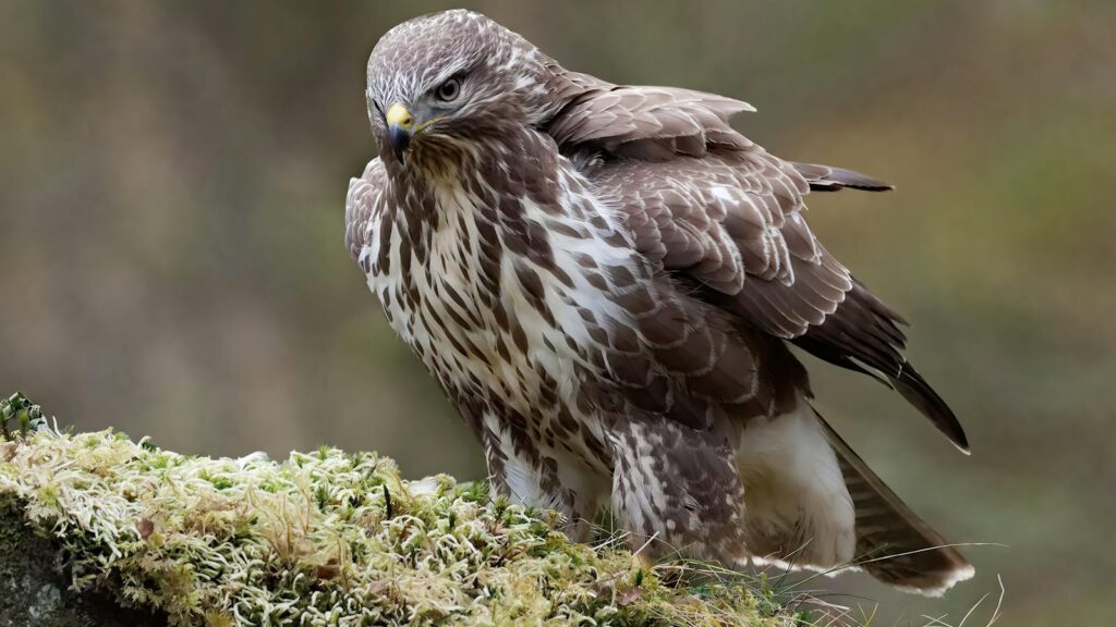 A majestic Common hawk, with brown and white mottled feathers, stands alert on a mossy surface.