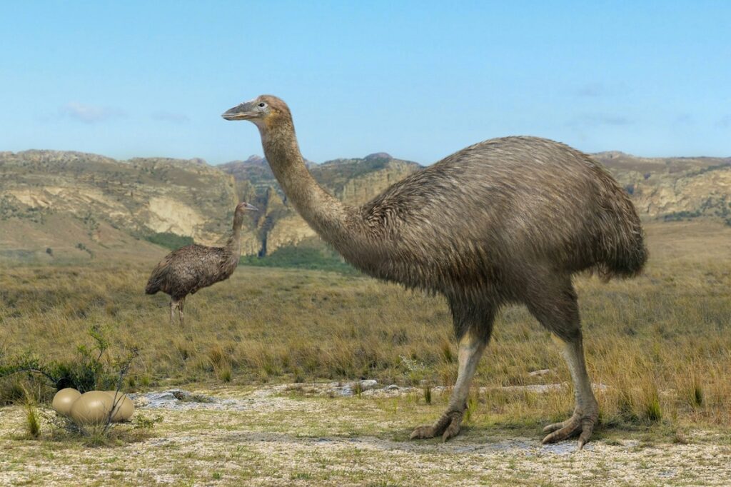 An illustration shows a large elephant bird with a smaller one in a grassy landscape.