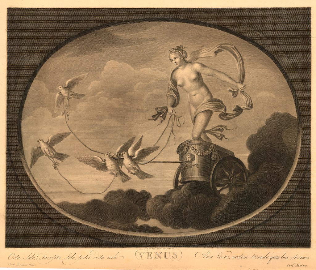 An illustration shows a classical female figure on a chariot pulled by doves.