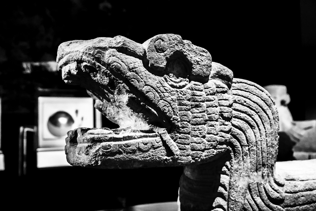 A detailed black and white close-up of an ancient carved stone serpent head.