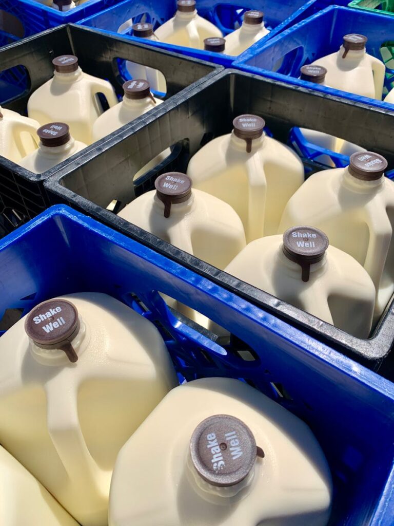 Plastic gallons of milk stored in dairy crates.