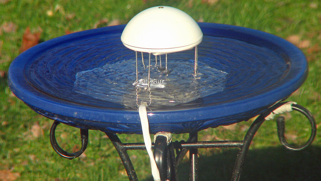 "Blue bird bath with water wiggler fountain creating ripples