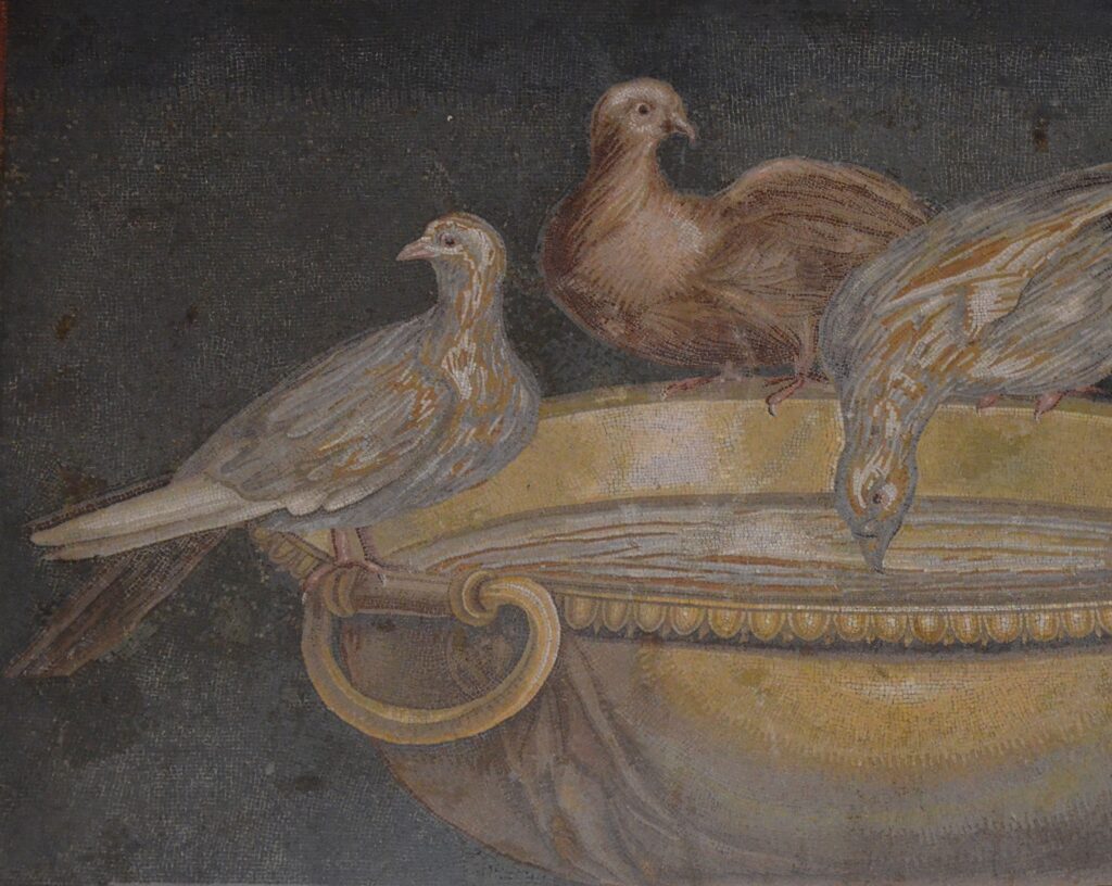 A detailed mosaic shows three doves gathered around a golden basin.