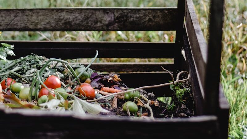Wooden compost bin filled with assorted vegetable scraps in backyard garden